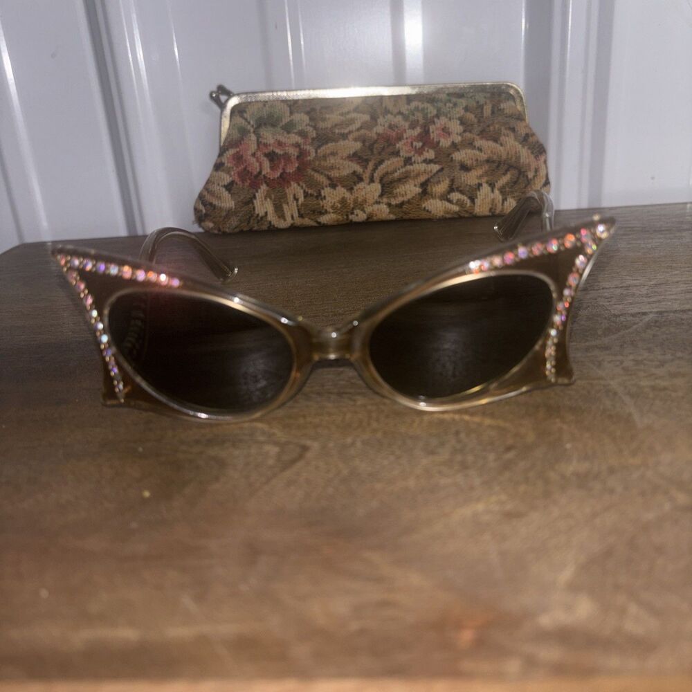 Vintage French Rhinestone Cat Eye Sunglasses w/soft Case EUC